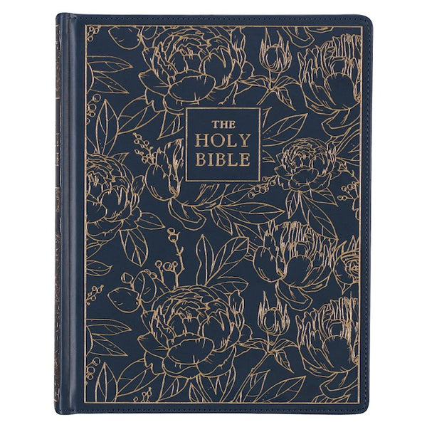 KJV Large Print Note-Taking Bible-Navy Blue Floral Faux Leather Hardcover
